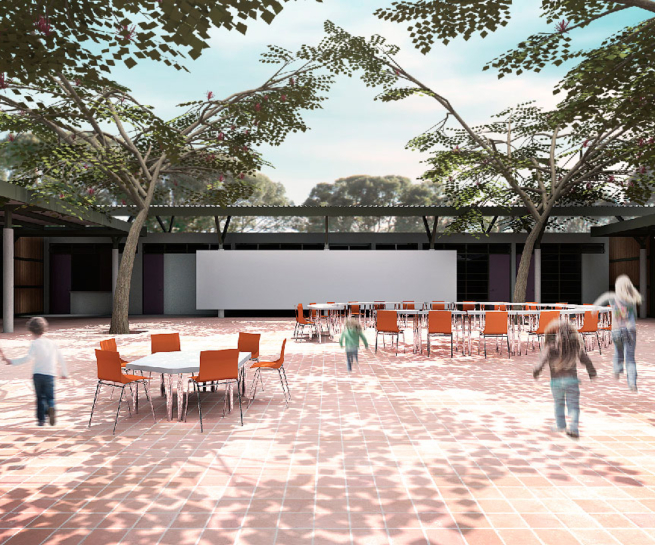 Centro de Educação Complementar - Piauí | inclusão e espírito comunitário | ODVO arquitetura | Grande pátio central com projeção cinema